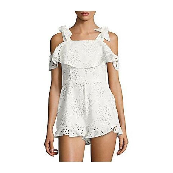 Saks Fifth Avenue Romper Womens S White Eyelet Cotton Ruffle Cold Shoulder - Picture 1 of 7